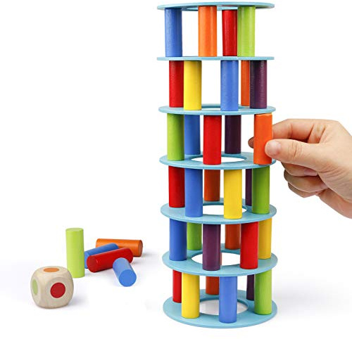 Coogam Hölzern Turm Stapelspiel | Feinmotorik-Bausteine mit Würfeln Schiefer Turm Spielzeug Montessori Family Party Games für Kinder und Erwachsene
