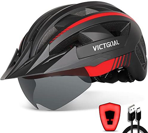 VICTGOAL Fahrradhelm Herren Damen MTB Helm mit Abnehmbarer Magnetische Schutzbrille Visier Atmungsaktiv mit 21 Belüftungskanäle Radhelm Einstellbare Fahrradhelme (L: 57-61cm, Schwarz Rot)