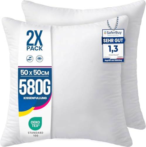 Utopia Bedding Kissenfüllung 50x50 2er Set Innenkissen Kissen Sofakissen | Weiß Mikrofaserbezug mit weicher Polyesterfüllung; großzügig gefüllt für hohen Komfort. Zierkissen Füllkissen Kopfkissen