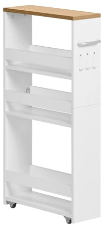 FetiNes Rollwagen 4 Ebenen 40×15×80 cm, Schmaler Küchenwagen auf Rollen | Schmaler Rollwagen mit 4 Ablagen je 15 kg Griff und 3 Haken für Küche, Bad Wohnzimmer und enge Nischen, platzsparende