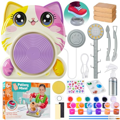Roaxkois Elektrische Töpferscheibe für Kinder – DIY Töpferset mit Ton, Farben, Werkzeug, Schürze & Aufklebern – Mini-Töpferscheibe ab 6 Jahren, 2 Stufen, Katzendesign – Geschenk für Mädchen & Jungen