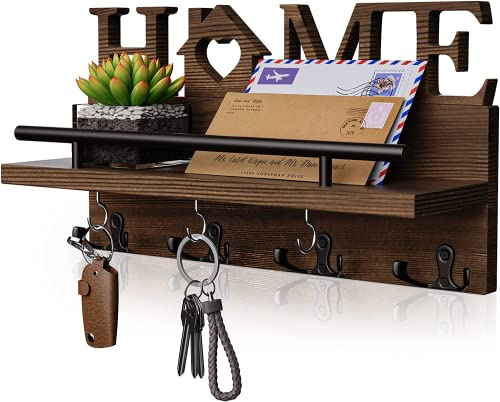 SWTYMIKI Schlüsselbrett - Schlüsselhalter für die Wand mit Heim dekoration, Schlüsselbrett mit Ablage/Wandregal Holz für Schlüsselhaken Organizer mit 7 Schlüsselhaken, Rustic Wandorganizer mit Ablage