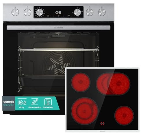 Gorenje Einbauherd-Set Heißluft Inox Set 4 mit Glaskeramik-Kochfeld / 77L / ExtraSteam / GentleClose & Open / EcoClean / AirFry / PizzaMode / PerfectGrill / Teleskopauszüge / Inox-Look