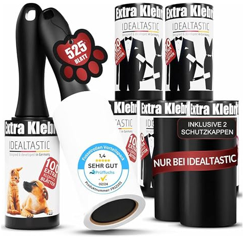 IDEALTASTIC® Fusselrolle Tierhaare & Kleidung 525 Blatt I 2 Griffe & 5 Rollen I Extra klebriger Fusselentferner & Fusselbürste für Kleidung & Tierhaare mit Staubschutz