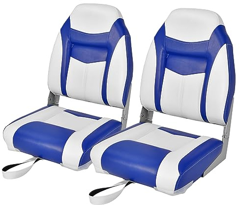 COSTWAY Bootssitz klappbar 2er Set, Hochlehner Bootsstuhl, Blau-weiß | Gepolsterter Steuerstuhl mit 10 cm dicker Schaumstoffpolsterung, inklusive Montageschrauben, für Boote & Angeln