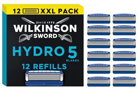 Wilkinson Sword - Hydro 5 Rasierer für Männer, 12 Ersatzklingen, Feuchtigkeitsspendende Gel-Pools und umklappbarer Trimmer