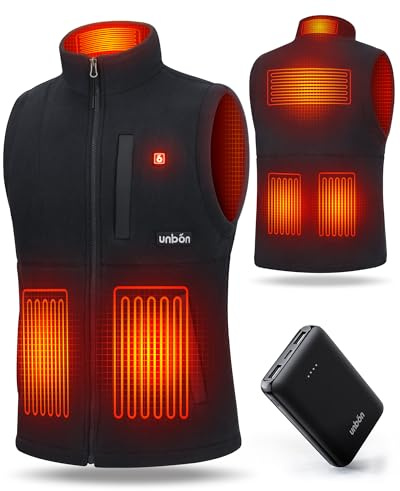 UNBON Heizweste Herren Damen, Beheizbare Weste Herren Damen mit Powerbank USB 10000mAh, Heizweste Wärmeweste Fleece mit Akku, Beheizte Weste mit 3 Temperaturen 6 Heizzone, Beheizbare Jacke Schwarz M