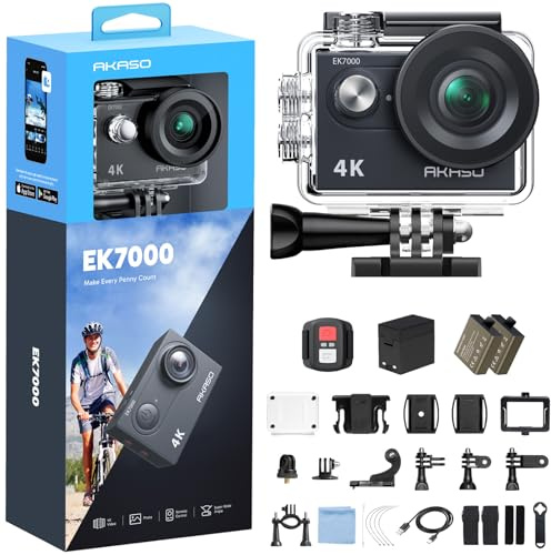 AKASO Action Cam,4K30FPS 20MP WiFi Unterwasserkamera EIS Stabilisierung 170° Weitwinkel Ultra HD Action Kamera mit 4X Zoom und 2x1050mAh Akkus-EK7000 Schwarz