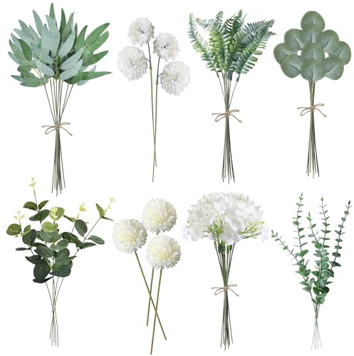 ROLLWAY 55 Stück Künstliche Zweige & Kunstblumen, Weiß Blumen Blätter Künstlich Dekozweige, Kunst Blumen Kunstblumenstrauss Eukalyptus Hortensien für DIY Blumenstrauß Brautstrauß Hochzeit (55, Weiß)