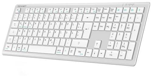 TECKNET Bluetooth Tastatur Kabellose, Wiederaufladbare Multi-Device Wireless Keyboard mit Einfacher bis zu 4 Geräte, Ultraflache, Deutsches Layout (QWERTZ), für Mac, Windows, iOS, Chrome OS