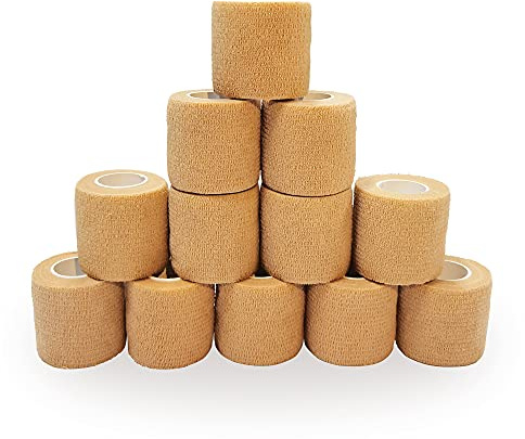 Selbsthaftende Bandage 5 x 450 cm (12 Rollen), Fixierbinde Selbsthaftend für Verstauchungen, Schwellungen, Erste Hilfe und Schutz beim Sport (Beige)