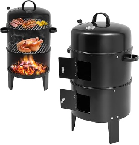 BRRIDE Räucherofen 3 in 1 BBQ Smoker Grill Holzkohlegrill Räuchertonne Räuchergrill mit Deckel & Thermometer, Gartengrill Rundgrill Grilltonne Ø 40 cm 3 Etagen Barbecue Smoker