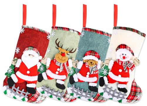 Nikolausstrumpf Set, 2025 Neu Weihnachtsstrumpf, Nikolausstiefel zum Befüllen, Weihnachtssocken zum Aufhängen, Christmas Stocking Set, Nikolaus Socken Weihnachtsdeko für Kamin&Weihnachtsbaum (4 Stück)