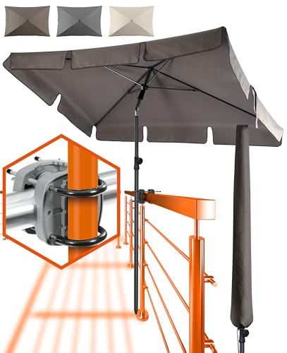 Menz Sonnenschirm Balkon - 3-IN-1 Sonnenschutz Balkon SET in Taupe, UPF 50+ Sonnenschirm rechteckig 200 x 125cm + Sonnenschirmhalter Balkongeländer + Sonnenschirmhülle