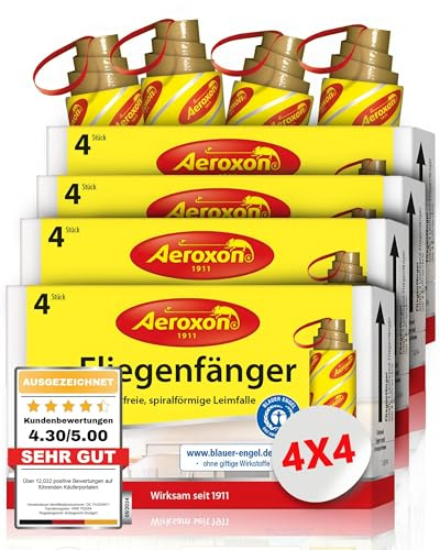 Aeroxon Fliegenfänger 16 Stück – Fliegenfalle Innenbereich ohne Chemie – Geruchlose Fliegenfalle Klebefalle gegen Hausfliegen – 8 Wochen wirksam – Schutz vor Fliegen Fallen im Wohnbereich