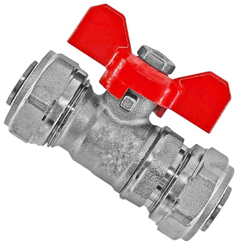 MegaHaustechnik Kugelhahn aus Messing mit Schraubanschlüssen für Mehrschichtverbundrohr 16x2 mm (AußenØ x Wandstärke), Flügelgriff rot, Trinkwasser geeignet, Schraub-Fitting Absperrhahn Ventil