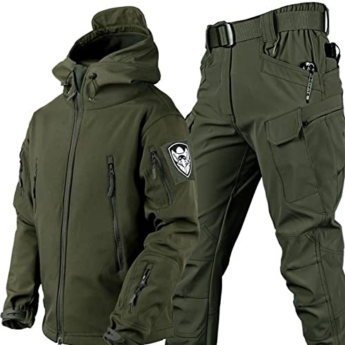 UIHECTA Softshell Anzug Herren, Taktische Jacke und Hose, Wasserabweisend Winddicht, Herren Softshell Set mit Kapuze und vielen Taschen, Outdoor Set für Jagd Trekking Arbeit Camping,003,Size: XL