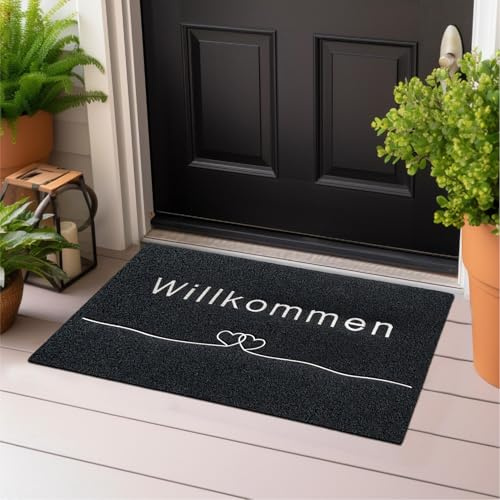 Majo Lifestyle und Home® Fußmatte rutschfest waschbar Flur-Matte dünne Haustür-Matte, Schmutzfangmatte für innen und außen, Fussabtreter Eingangsbereich (ANTHRAZIT WILLKOMMEN, 40x60 cm)