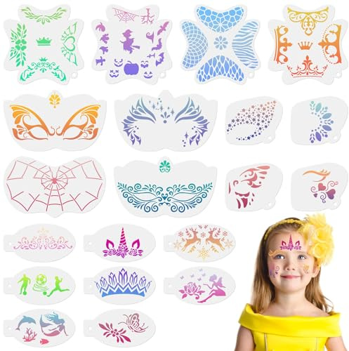 URAQT Tattoo Schablone, 20 Blatt Wiederverwendbare Gesichtsfarbe Schablonen Kit, Tattoo Design Werkzeuge für Gesicht und Körper, für Kinder Erwachsene, Party, Karneval, Weihnachten Halloween