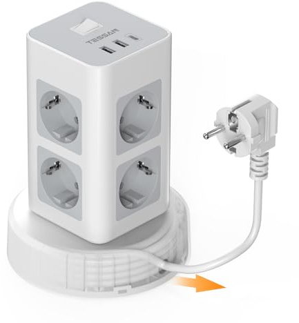 TESSAN Mehrfachsteckdose mit USB, Einziehbares Verlängerungskabel 2M, Grau | 8 Fach Steckdosenleiste mit 3 USB und 1 Schalter, Steckdosenturm mit Einziehbares 2M Cord, Verteilersteckdose für Zuhause