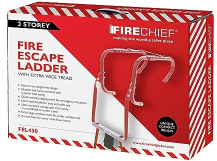 Firechief FEL430 Feuerwehrleiter für den Heimgebrauch, kompakte leichte Leiter für Notsituationen, 2-stöckige, faltbare Fluchtleiter mit extra breiten Trittflächen