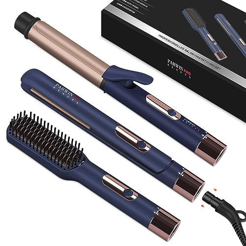 PARWIN PRO BEAUTY 3 In 1 Styling Set, Beinhaltet Glätteisen 25mm -Lockenstab 32mm & GlÄttbÜrste, mit Abnehmbarem Netzkabel, Led-temperaturregelung Und Sofortigem Aufheizen, für Zuhause Und Reisen Blue