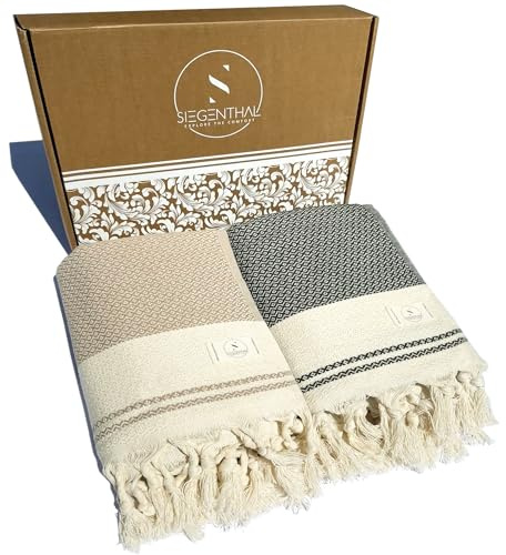 SIEGENTHAL® Hamamtuch 2er Pack – Leichtes Strandtuch & Saunatuch aus recycelter Baumwolle – Schnell Trocknend, Groß & Weich – 90cm x 200cm – Ideal für Strand, Sauna, Yoga, Picknick – Beige & Schwarz