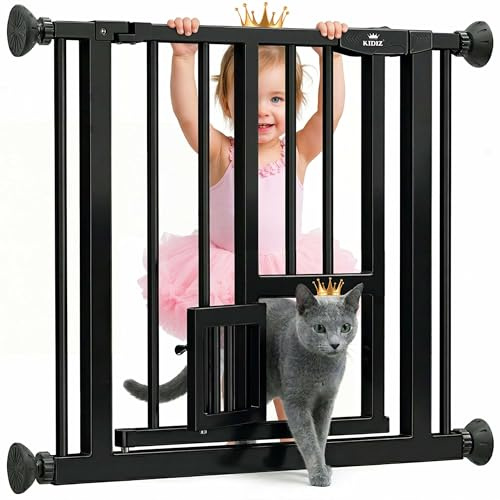 KIDIZ Absperrgitter zum Klemmen mit Katzenklappe, Türschutzgitter, Autoclose Kinder Treppengitter ohne Bohren | 90° Stopp Schutz, schwenkbar, Treppenschutzgitter, Schwarz, Breite: 74-80 cm