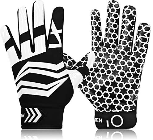 FINGER TEN American Football Receiver Handschuhe für Youth Jungen Mädchen, Torwarthandschuhe rutschfest Impact Palm Protection Outdoor Sport, Wasserdicht Gloves Fit Kinder Alter 5-14 (Schwarz, L)