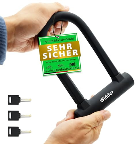 WIDDER kleines Bügelschloss Fahrrad [Hochsicherheitsschloss nur 800g] – 14mm Massiv Stahl Bügel – Fahrradschloss hohe Sicherheit – Halterung & 3 Schlüssel, e Bike Lock e Scooter U Lock Rennrad Schloss