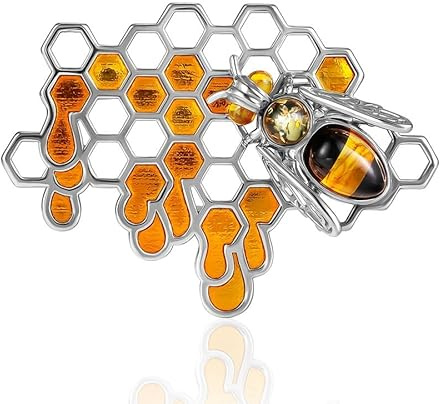 Bernstein Brosche Biene & Honigwaben 925 Sterling Silber rhodiniert – Designer Honigwaben Brosche mit Emaille & Baltischem Bernstein – Exklusive Damen Schmuck