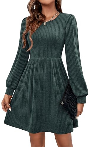 Hotouch Damen Kleider Winter Strickkleid Langarm Kleid Puff Leicht Winterkleid Rundhals Herbstkleid Knielang Weihnachtskleid A Linie Blusenkleid mit Taschen Grün L