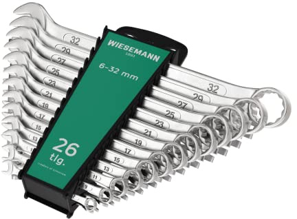 WIESEMANN 1893 Extra Grosses Ring-Maulschlüssel Set 26tlg. 6-32mm I Schraubenschlüssel Satz im Werkzeug Halter I mit 15° abgewinkelte Ringseite für einfacheres Arbeiten I 80270