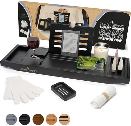 Temple Spring Badewannenablage, Badewannenablage Holz für badewannen zubehör, Badewannenbrett, Badewannentablett zur badewanne zubehör, Bambus tablett, badezimmermöbel für badaccessories -Schwarz