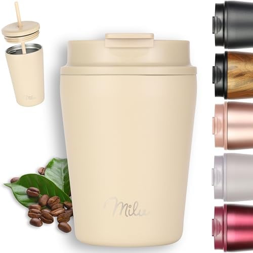 Milu Thermobecher 300ml - 100% Auslaufsicher - Edelstahl Kaffeebecher to go isoliert mit Strohhalm hält 10h heiß / 20h kalt, BPA-frei (Beige, 300ml)