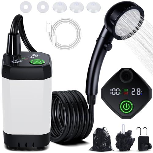 Spopal Campingdusche Tragbare, [6000mAh] Camping Dusche mit mit Pumpe und Temperaturanzeige, Camping Dusche Outdoor Set mit Duschkopf und 2M Schlauch für Garten, Autowaschen, Strand, Reisen, Haustier