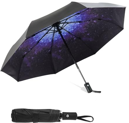 SY COMPACT Automatischer faltbarer Regenschirm, wind- und wasserfest, Sternenhimmelblau