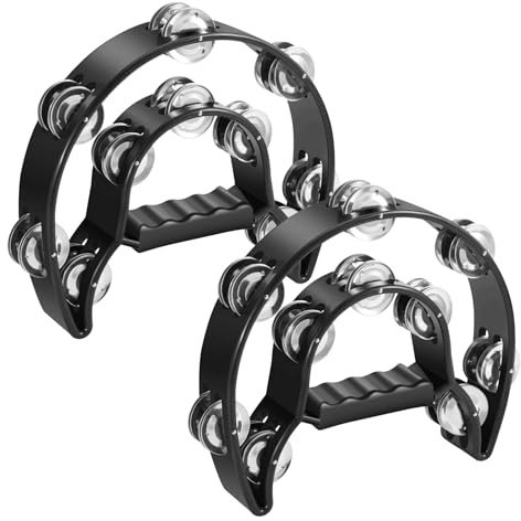 Flexzion Tamburin, Handtrommel - 2er-Pack, 25cm Schellenkranz mit Handgriff, Musik Schlaginstrument, zweireihig Schellenring in Halbmond-Form Rahmen, mit 20 Paar Metall Schellen, Schwarz