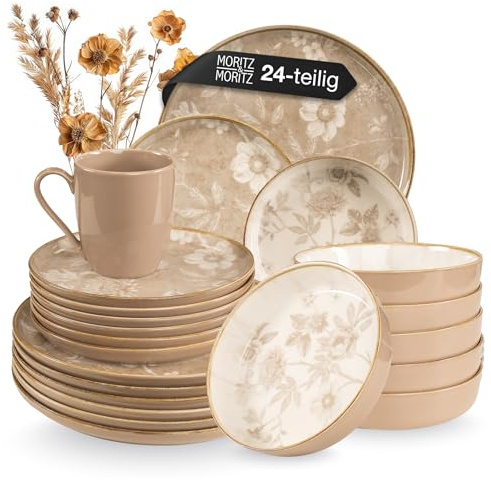 Moritz & Moritz Steingut Geschirrset 6 Personen 24-tlg. - Serie Mariella | Spülmaschinengeeignetes Geschirr Set mit Tellern, Schüsseln & Tassen in Farbe Beige - geeignet als Kaffeeservice
