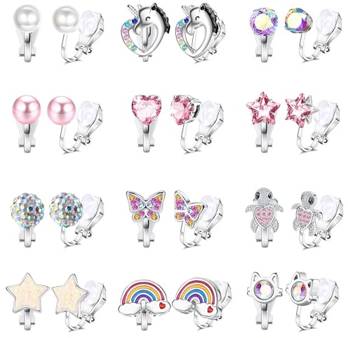 FIOROYAL 12 Paar Ohrclips - Hypoallergene Clip Ohrringe mit Zirkon, Schmetterling und Perle Design - Ohne Ohrloch - Niedlich und Bunt für Kinder