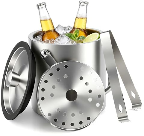 Foydream Eiswürfelbehälter Edelstahl, Eiskübel mit Deckel, Eisbehälter für Eiswürfel Eiskübel mit Clips, Sieb und Schaufel, Perfekt zum Abkühlen von Getränken, Ice Cube Tray, Bier, Sektkühler (3L)