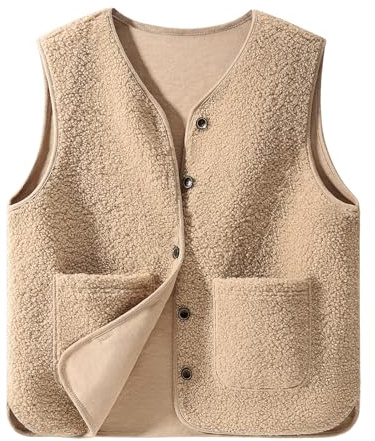 CMTOP Teddy Weste Damen Grosse Grössen Kurz Leicht Damen-Westen, Einfarbig Casual Fleeceweste Bequem Wärme Plüschweste Herbst Winter V-Ausschnitt Ärmellos Jacke mit Knöpfen, Taschen
