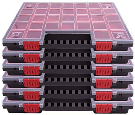 Kistenberg 6x Sortimentskasten KNO40305B | mit herausnehmbaren roten Fächern | ideal für Kleinteile, Werkzeug und Organisation | Kunststoff | 39,9 x 30,3 x 5cm