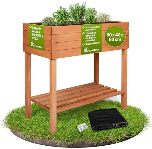 TTL GARDEN 80x40x80cm Balkon Hochbeet Siena M - aus Holz mit Ablageboden & | Folie Pflanzkasten & Blumenkasten Tannenholz wetterfest Pflanzbeet Kräuterbeet Blumenbeet für Garten Balkon Terrasse - Braun