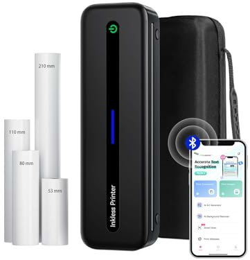Mobiler Thermodrucker A4 für Unterwegs, Büro & Zuhause, Keine Tinte, Kabellos Bluetooth Tragbarer Drucker 300 DPI Kompatibel mit IOS & Android, Mit Tragekoffer und 4 Rollen Thermopapier - Schwarz