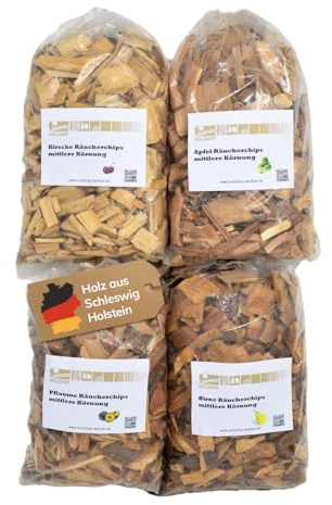 Landree® Starter-Set Räucherchips Kirsche, Apfel, Birne, Pflaume - 4 x 2 Liter -Altes Land- Wood Chips für Grill Smoker BBQ