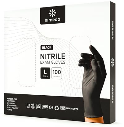 NIMEDA Einweghandschuhe für Lebensmittelbereiche, Medizin, Kosmetik und Haushalt Schwarz 100 Stück Nitrilhandschuhe Einmalhandschuhe Latexfrei Puderfrei (L)