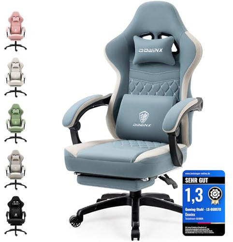 Dowinx Gaming Stuhl Stoff, Verstellbarer Gaming Chair mit Fußstütze, Ergonomische PC Stuhl, Gamer Sessel Bürostuhl 150kg Belastbarkeit,Hellblau/Standard Fußstütze