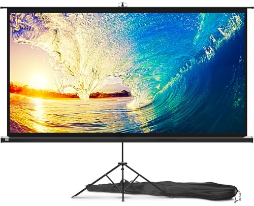 Projektionsbildschirm auf Füßen, 100 Zoll – Bildschirm für Projektor innen und außen für Filme oder Präsentationen – Display auf Stativ HD Premium ohne Falten 16:9 mit Tragetasche und Riemen