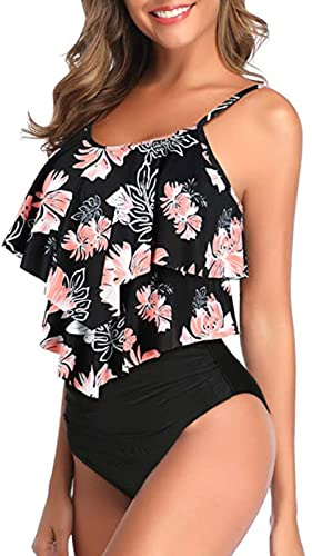 Genfien Bikini Sets für Damen Rüschen Zweiteiliger High Waist Shorts | Mit Brustpolstern,Verstellbare Schulterriemen,Bademode mit Hohe Taille